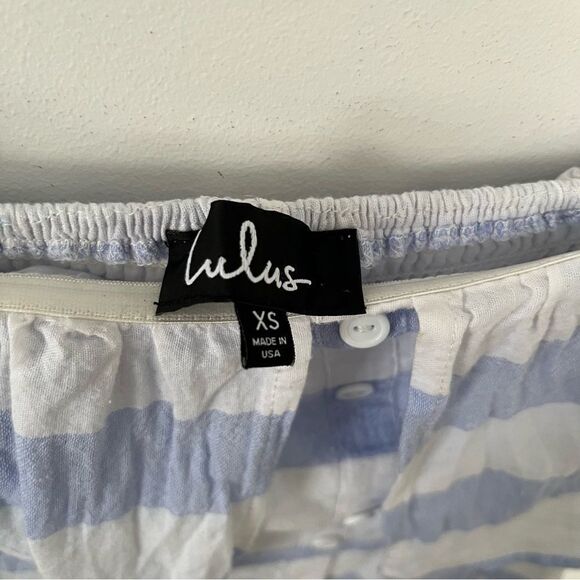 Lulu’s Blue Ivory “Transatlantic Voyage” Off The Shoulder Striped Mini Dress - Picture 14 of 15